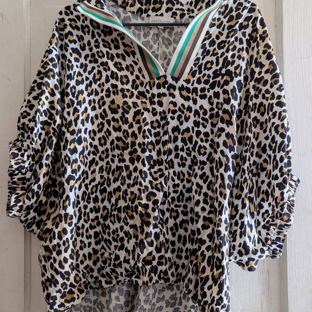 Entro Leopard Print Top with Striped Accents